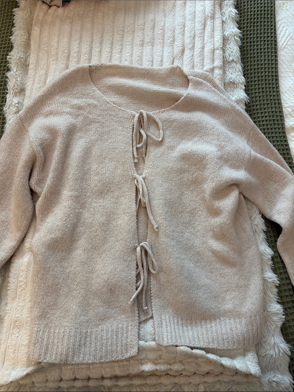 Tie-Front Cozy Women's Sweater Cardigan in Light Beige